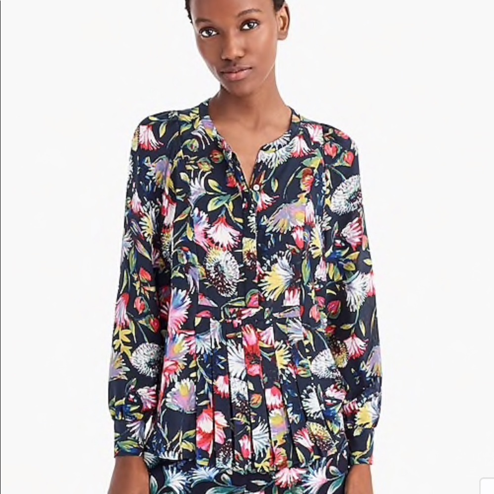 J.Crew Silk Pleated Popover floral flowers top shirt blouse XXS long sleeve
